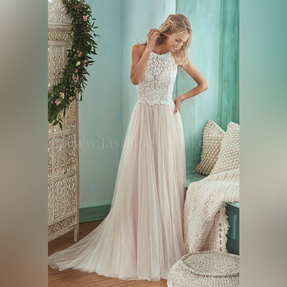 NWT Jasmine Bridal F201006 Halter Neckline Lace & English Net Wedding Dress
